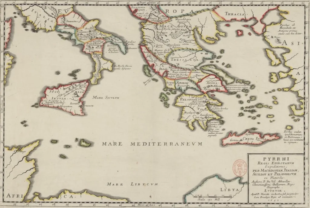 Duval, Pierre (1619-1683). Kartograf. Ekspeditat e Pirros, mbretit të Epirotëve, nëpër Maqedoni, Itali, Siçili dhe Peloponez, sipas Plutarkut.