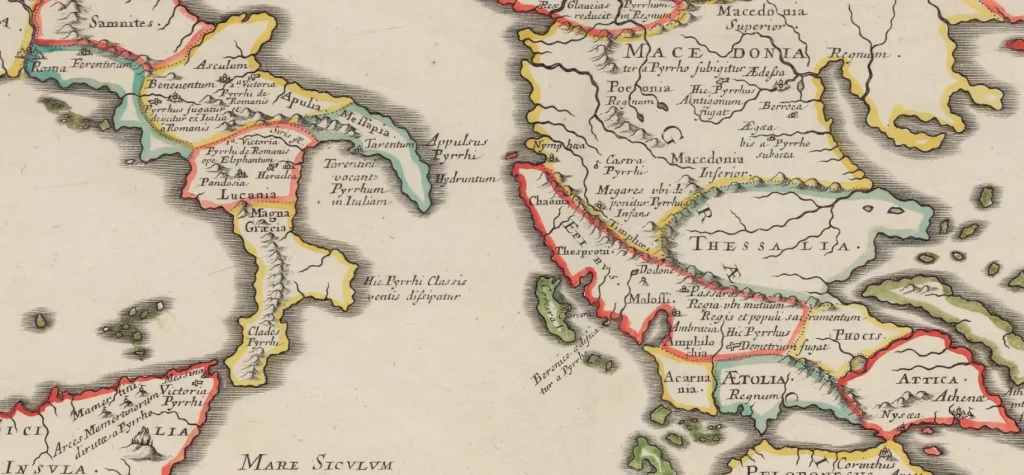 Duval, Pierre (1619-1683). Kartograf. Ekspeditat e Pirros, mbretit të Epirotëve, nëpër Maqedoni, Itali, Siçili dhe Peloponez, sipas Plutarkut.